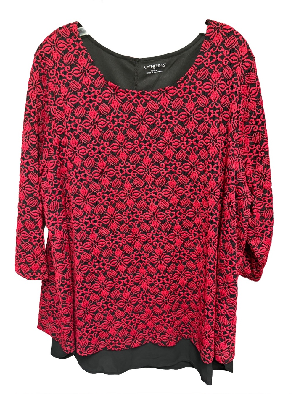 Catherines Women’s 1X 18/20 Red Floral Lace Overlay Tunic with Black Underlayer